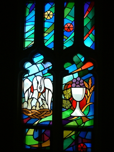 St. Alphonsus Church, Stain glass window by Baptismal Fount.jpg
